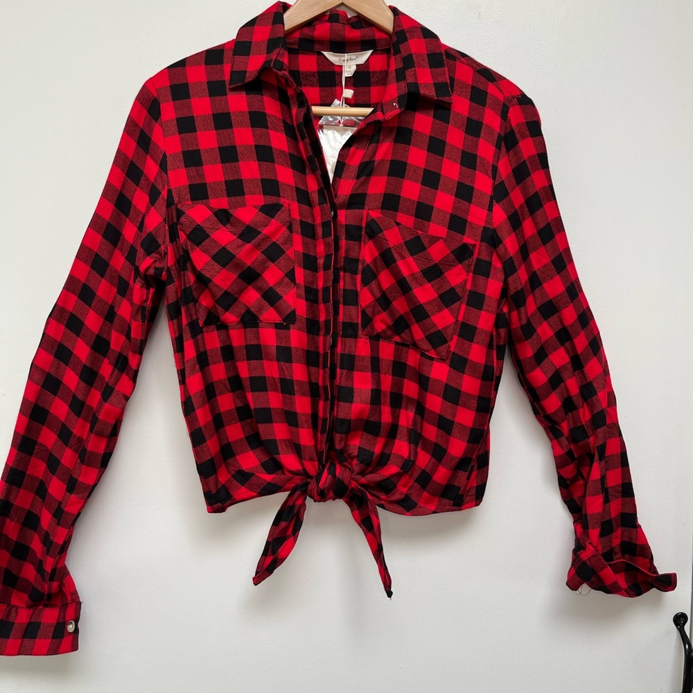NWT Sim & Sam Buffalo Plaid, Front-Tie Button-Down Long Sleeve Top, Size…